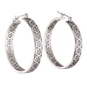 Tory Burch Silver Patterned Hoop Earrings with Iconic TB Design